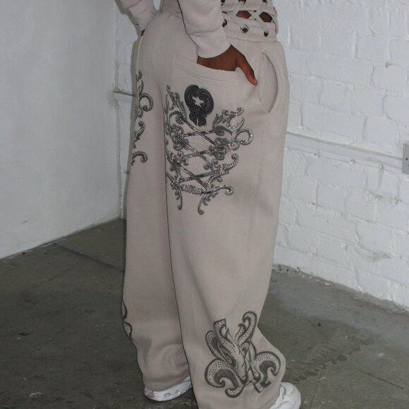 Named Collective: Vendetta Lace up Oversized Sweatpants in Bone - Picture 1 of 4